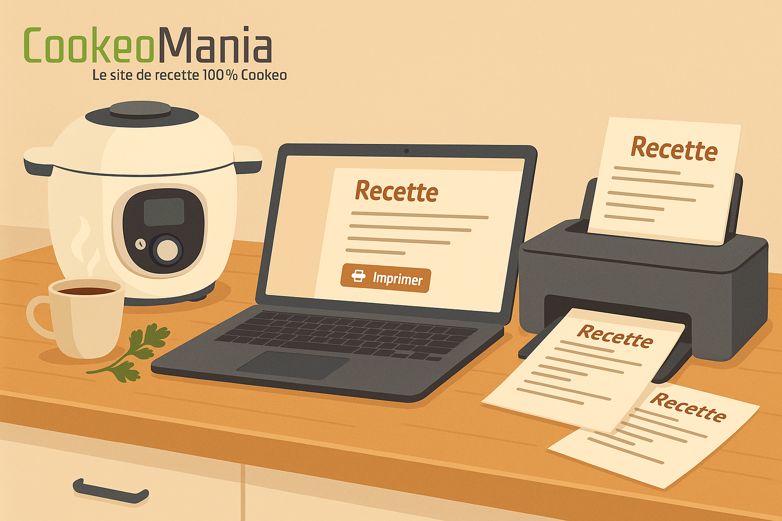 un autocuiseur Cookeo, un ordinateur affichant le bouton imprimer, une imprimante et des fiches‑recettes sur un plan de travail en bois clair.