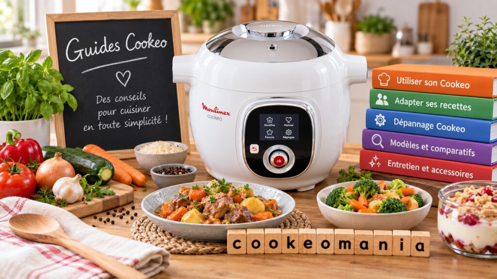 Cookeo blanc entouré de plats, légumes et guides sur l’utilisation, le dépannage, les modèles et l’entretien.